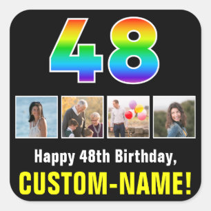 48th Birthday: Rainbow “48”; Custom Photos & Name Square Sticker