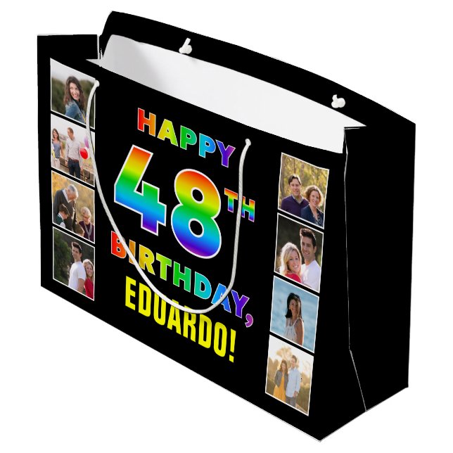 48th Birthday: Rainbow Text, Custom Photos & Name Large Gift Bag (Back Angled)