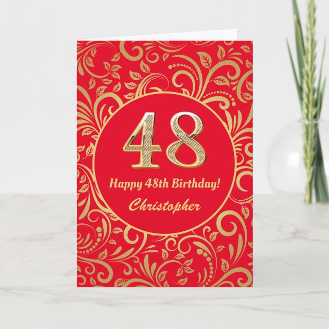 48th Birthday Red and Gold Floral Pattern Card (Front)