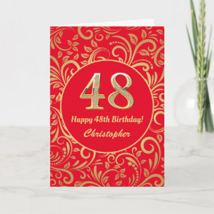 48th Birthday Red and Gold Floral Pattern Card