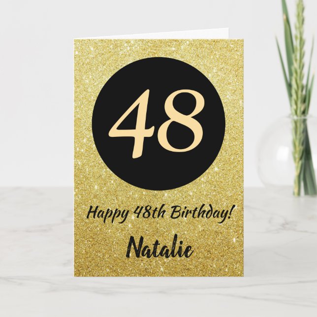 48th Happy Birthday Black and Gold Glitter Card (Front)