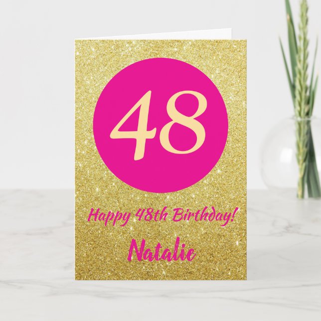 48th Happy Birthday Hot Pink and Gold Glitter Card (Front)