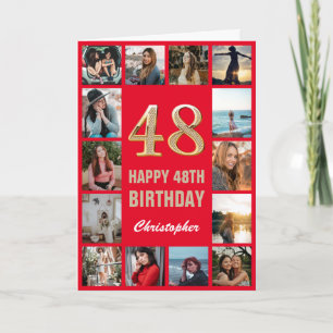 48th Happy Birthday Red and Gold Photo Collage Card