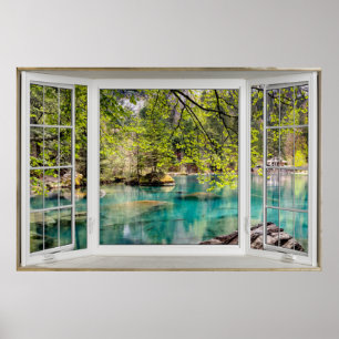 48x32 Canvas - Window Illusion Calming Lake Poster