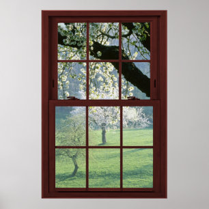 48x32 Frosted Glass Cherry Wood Faux Window Poster