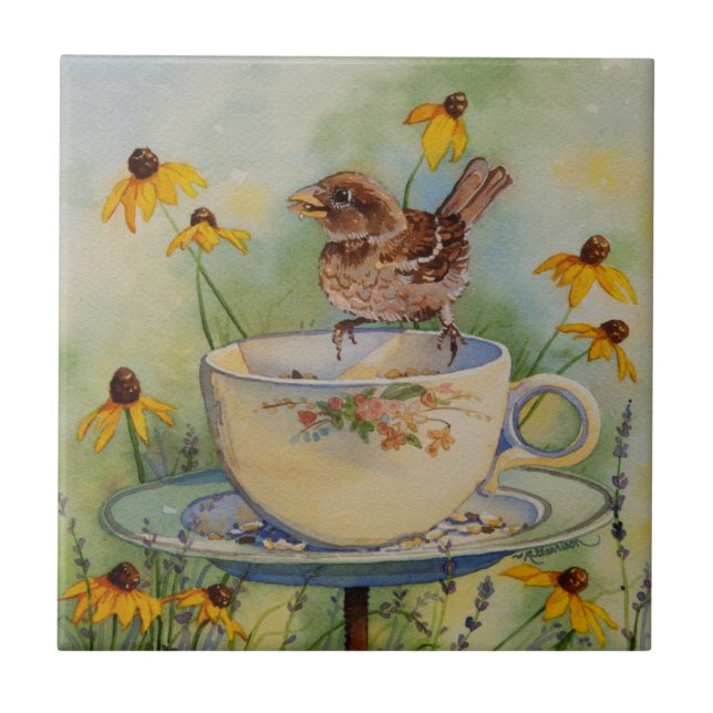 4920 Sparrow on Teacup Feeder with Coneflowers Tile (Front)