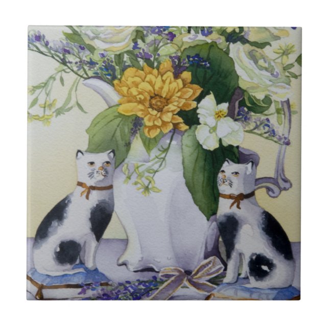 4930 Floral and Precelain Cats Tile (Front)