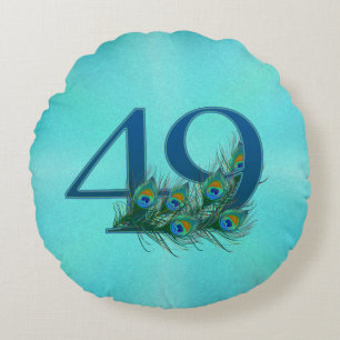 49 Peacock Feather Birthday Anniversary Elegant Round Cushion