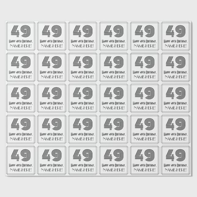 49th Birthday: Art Deco Inspired Style "49" + Name Wrapping Paper (Flat)