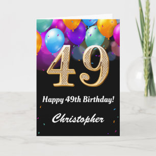 49th Birthday Black and Gold Colourful Balloons Card