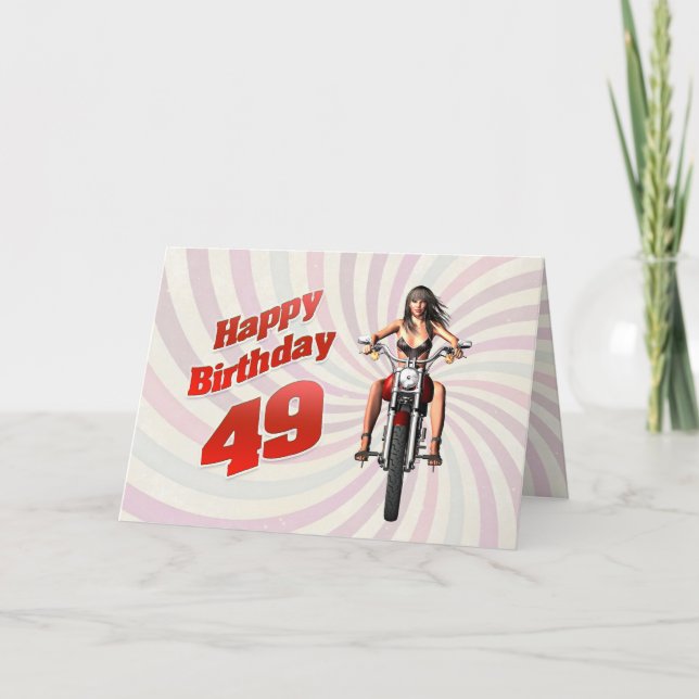 49th Birthday card with a motorbike girl (Front)