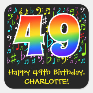 49th Birthday: Colourful Music Symbols, Rainbow 49 Square Sticker