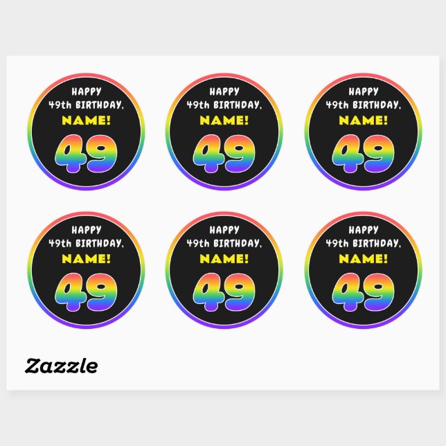 49th Birthday: Colourful Rainbow # 49, Custom Name Classic Round Sticker (Sheet)
