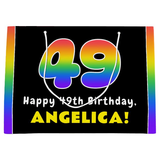 49th Birthday: Colourful Rainbow # 49, Custom Name Large Gift Bag (Front)