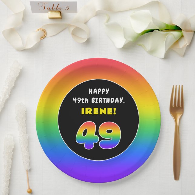 49th Birthday: Colourful Rainbow # 49, Custom Name Paper Plate (Wedding)