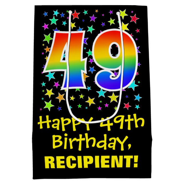 49th Birthday: Colourful Stars Pattern & Rainbow 4 Medium Gift Bag (Back)