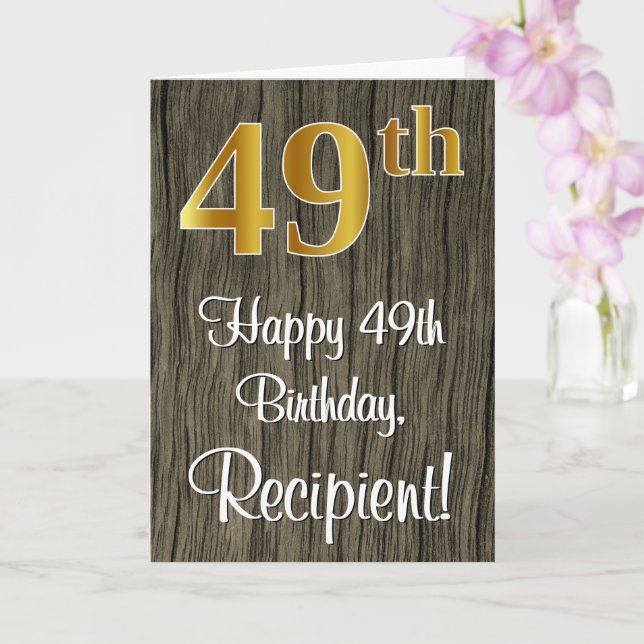 49th Birthday: Elegant Faux Gold Look #, Faux Wood Card (Orchid)