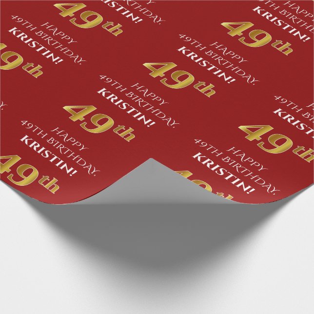 49th Birthday: Elegant, Red, Faux Gold Look Wrapping Paper (Corner)