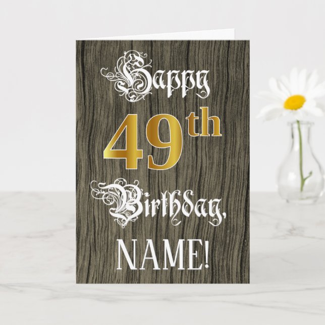 49th Birthday: Faux Gold Look + Faux Wood Pattern Card (Small Plant)