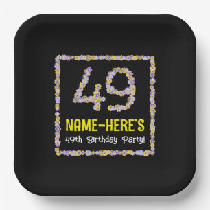 49th Birthday: Floral Flowers Number, Custom Name Paper Plate