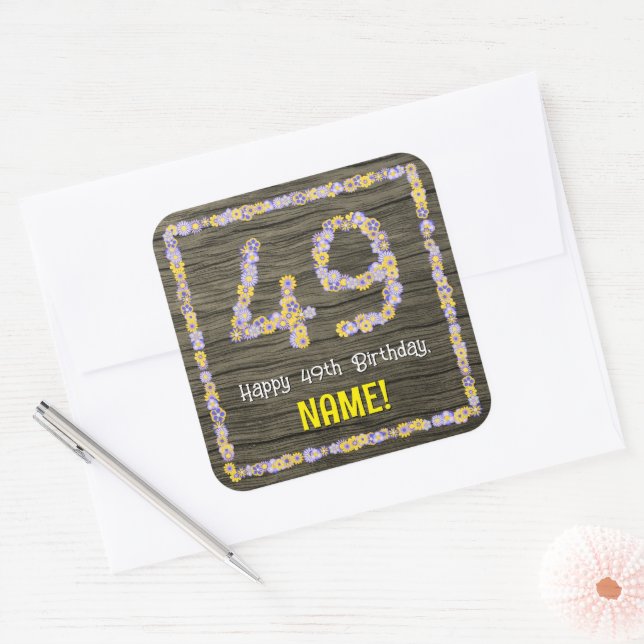 49th Birthday: Floral Number, Faux Wood Look, Name Square Sticker (Envelope)