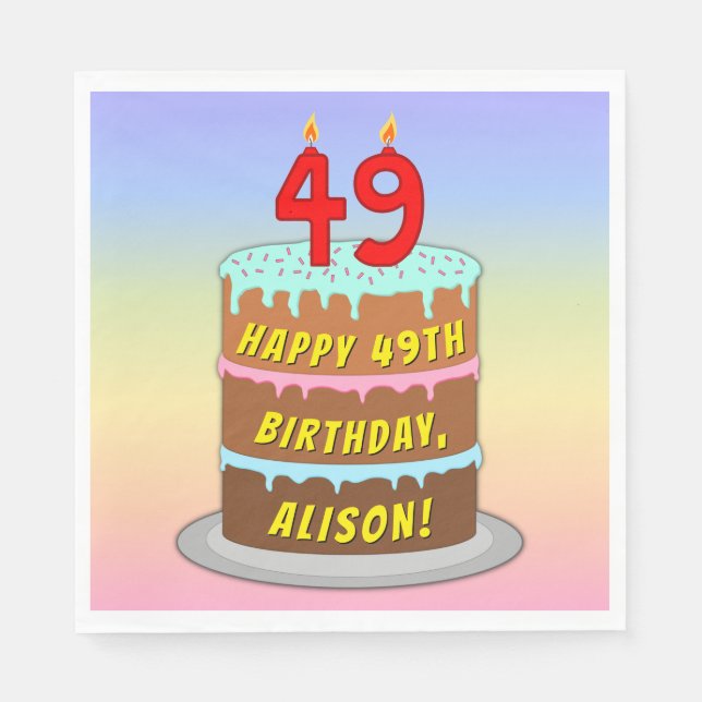 49th Birthday: Fun Cake and Candles + Custom Name Napkin (Front)