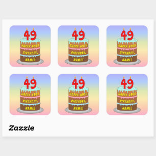 49th Birthday: Fun Cake and Candles + Custom Name Square Sticker
