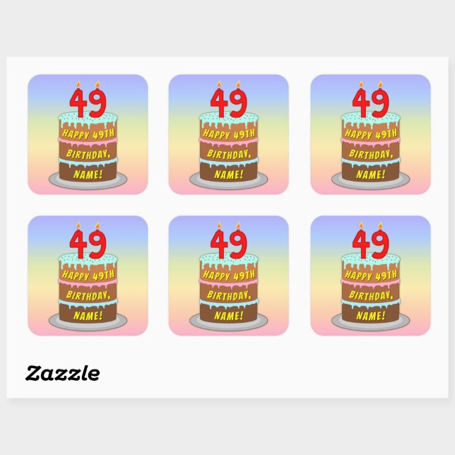 49th Birthday: Fun Cake and Candles + Custom Name Square Sticker (Sheet)