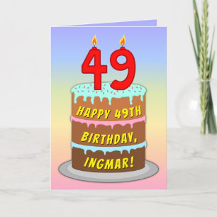 49th Birthday — Fun Cake & Candles, w/ Custom Name Card