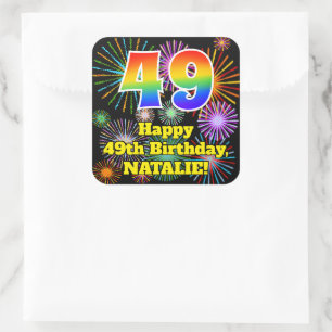 49th Birthday: Fun Fireworks Look, Rainbow # 49 Square Sticker
