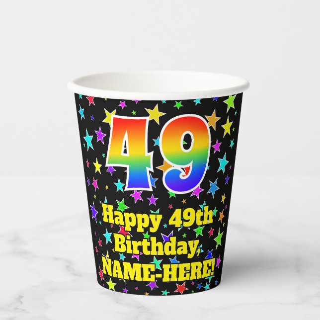49th Birthday: Fun Stars Pattern and Rainbow 49 Paper Cups (Front)