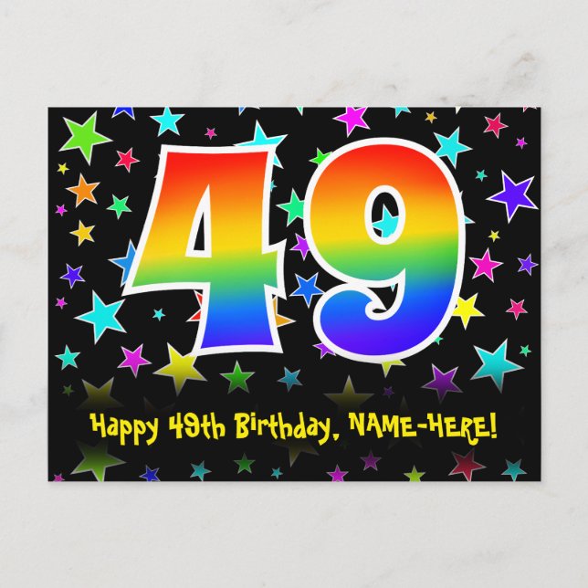 49th Birthday: Fun Stars Pattern, Rainbow 49, Name Postcard (Front)