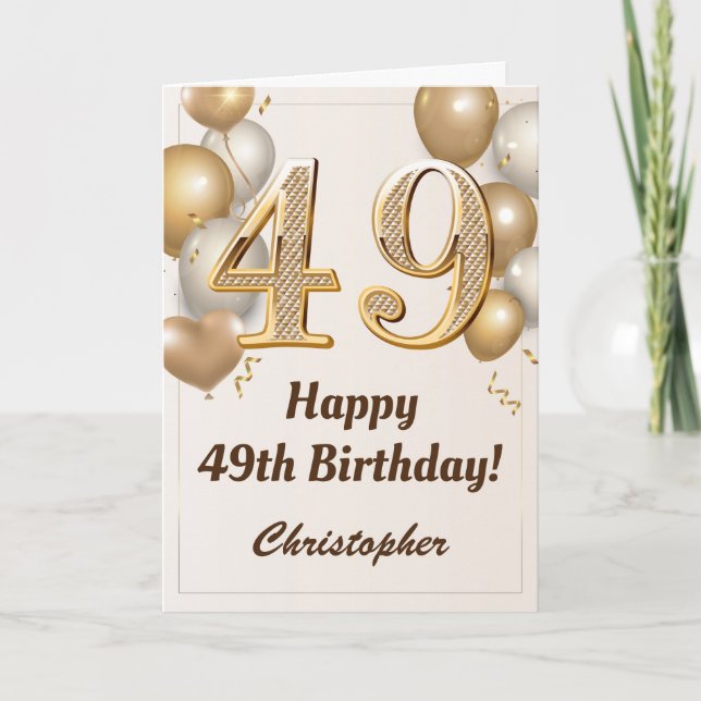 49th Birthday Gold Balloons and Confetti Birthday Card (Front)