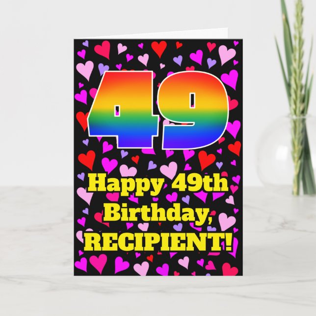 49th Birthday: Loving Hearts Pattern, Rainbow # 49 Card (Front)