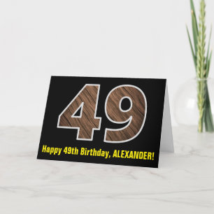 49th Birthday: Name + Faux Wood Grain Pattern "49" Card