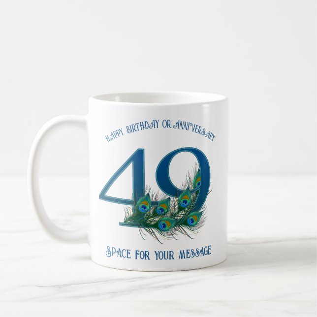 49th Birthday Or Anniversary Peacock Feathers Coffee Mug (Left)
