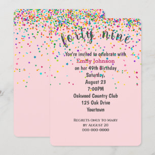49th Birthday Party Confetti On Pink Invitation