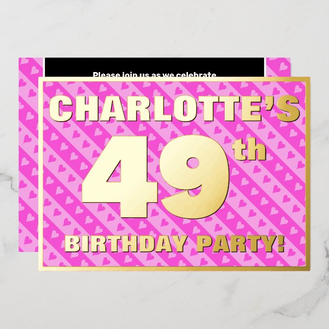 49th Birthday Party — Fun Pink Hearts and Stripes (Front/Back)