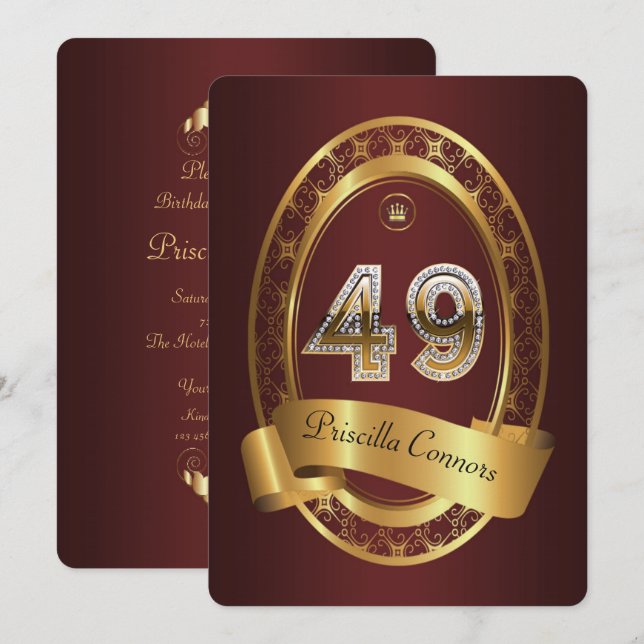 49th,birthday party woman man,elegant colour invitation (Front/Back)