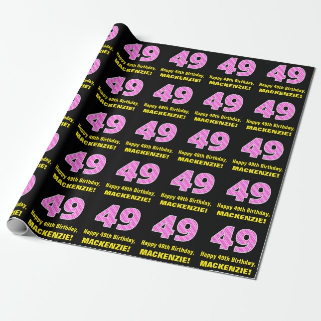49th Birthday: Pink Stripes and Hearts "49" + Name Wrapping Paper (Unrolled)