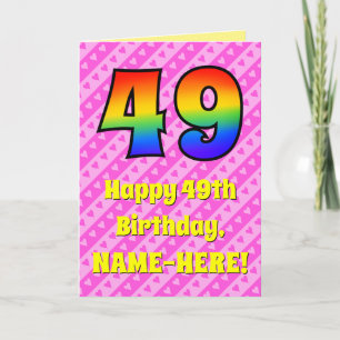 49th Birthday: Pink Stripes & Hearts, Rainbow # 49 Card