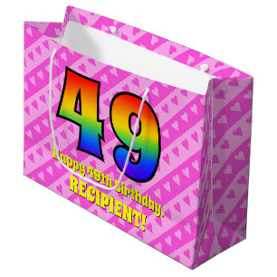 49th Birthday: Pink Stripes & Hearts, Rainbow # 49 Large Gift Bag