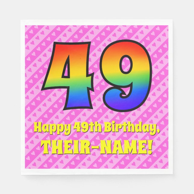 49th Birthday: Pink Stripes & Hearts, Rainbow # 49 Napkin (Front)