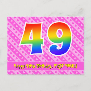 49th Birthday: Pink Stripes & Hearts, Rainbow 49 Postcard