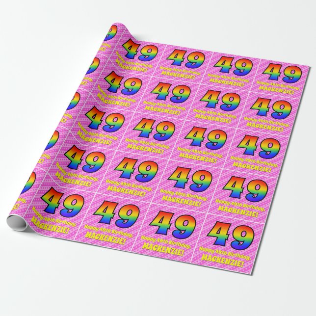 49th Birthday: Pink Stripes & Hearts, Rainbow # 49 Wrapping Paper (Unrolled)