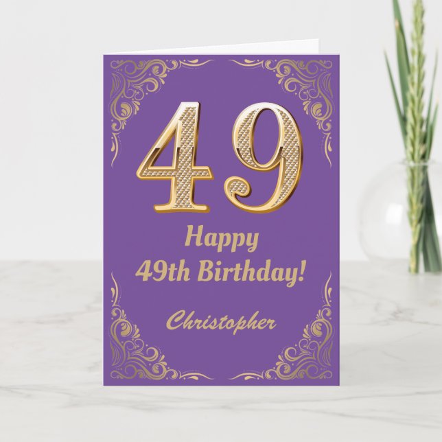 49th Birthday Purple and Gold Glitter Frame Card (Front)
