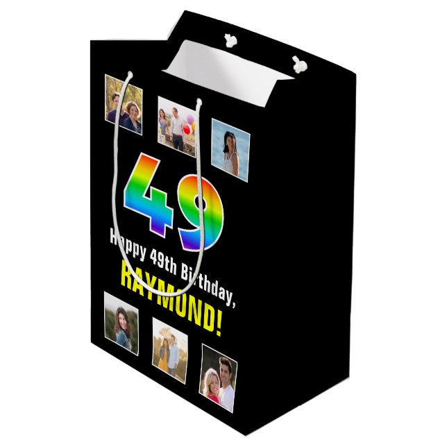 49th Birthday: Rainbow “49“, Custom Photos & Name Medium Gift Bag (Back Angled)