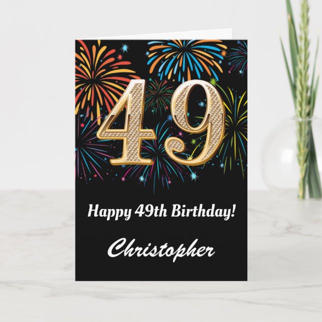 49th Birthday Rainbow Fireworks Black and Gold Card (Front)