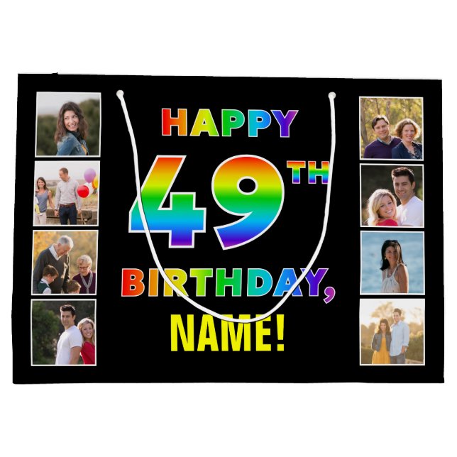 49th Birthday: Rainbow Text, Custom Photos & Name Large Gift Bag (Back)