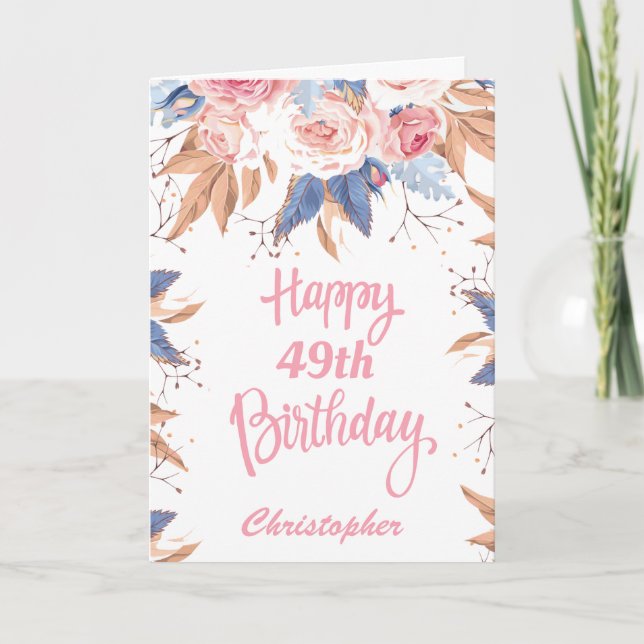 49th Birthday Watercolor Botanical Pink Floral Card (Front)